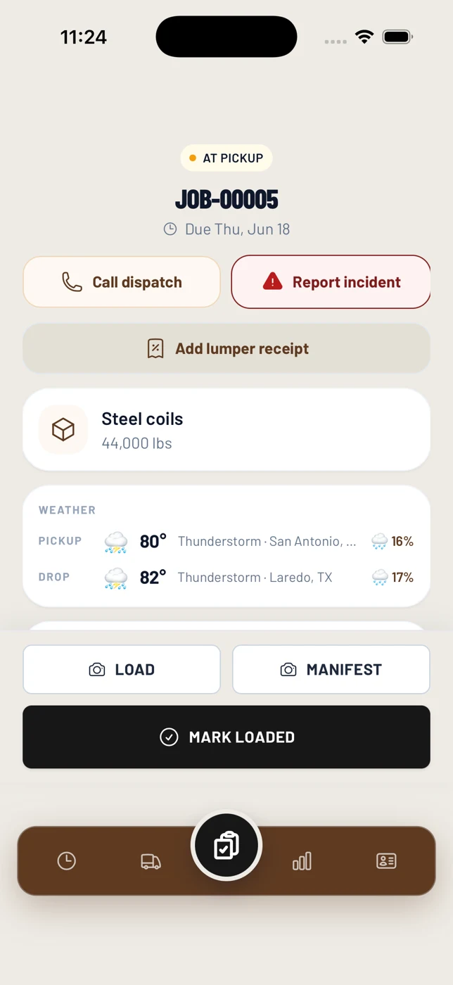 The Howdy Dispatch driver app at pickup: load and manifest photo buttons above a Mark Loaded action